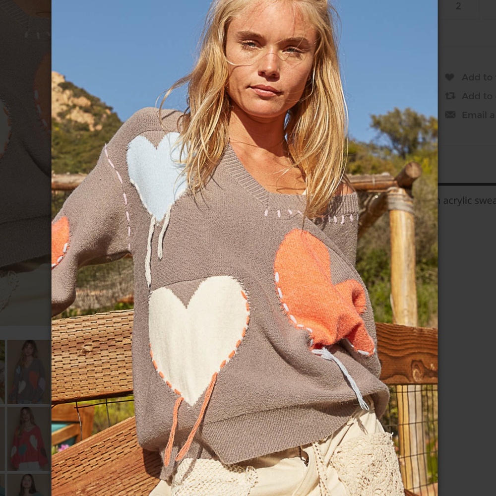 POL top Taupe V-Neck Sweater with Orange, Cream, and Light Blue Hearts POL NEW - Picture 3 of 9
